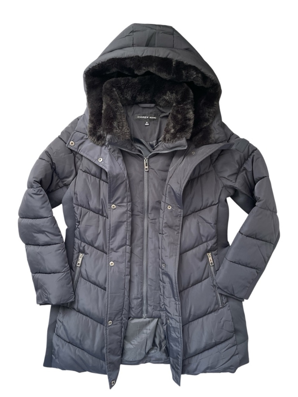 Andrew Marc Hooded Puffer Coat Faux Fur Trim Navy Blue Size M - Picture 3 of 6